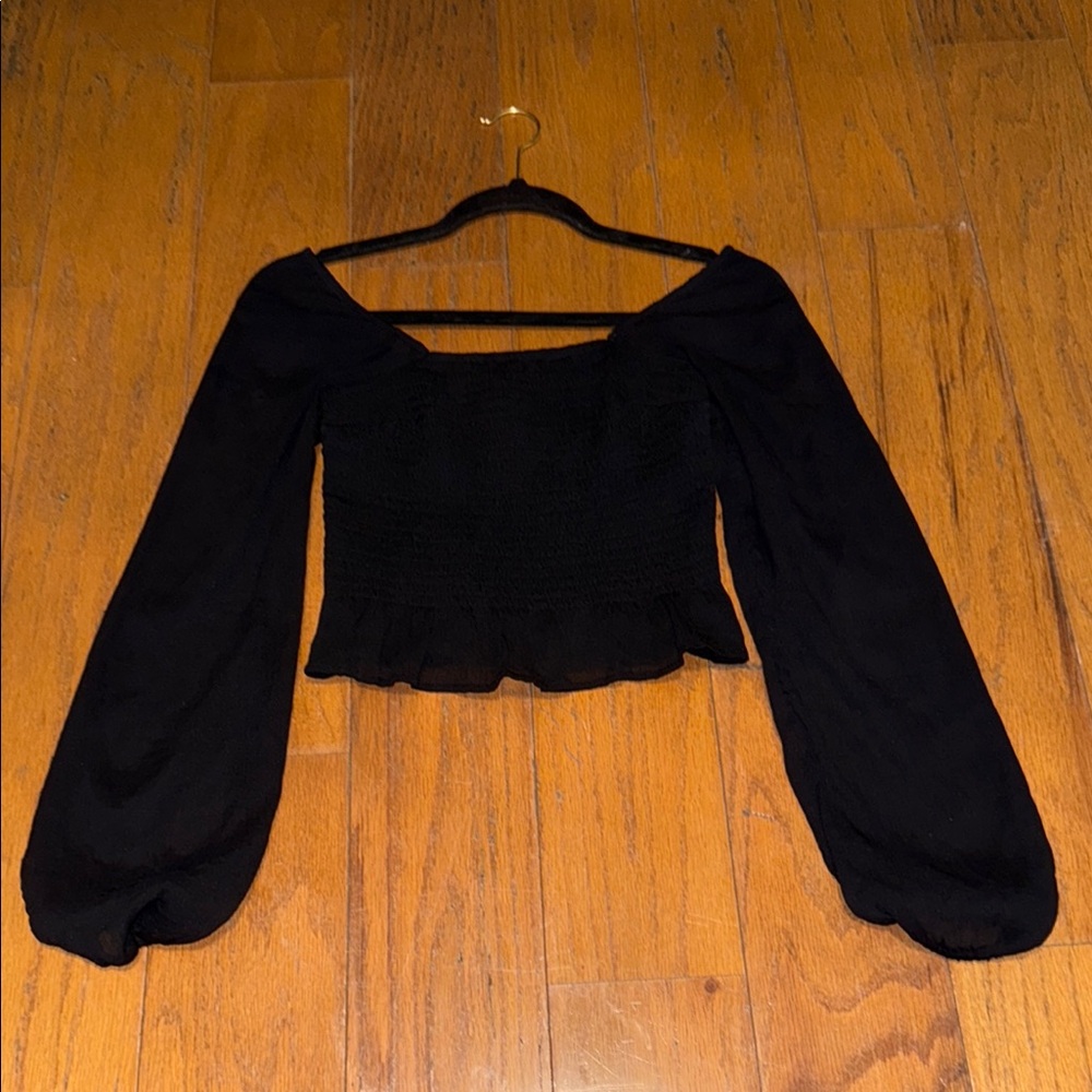 Hollister Black Smocked Sheer Long Sleeve Blouse